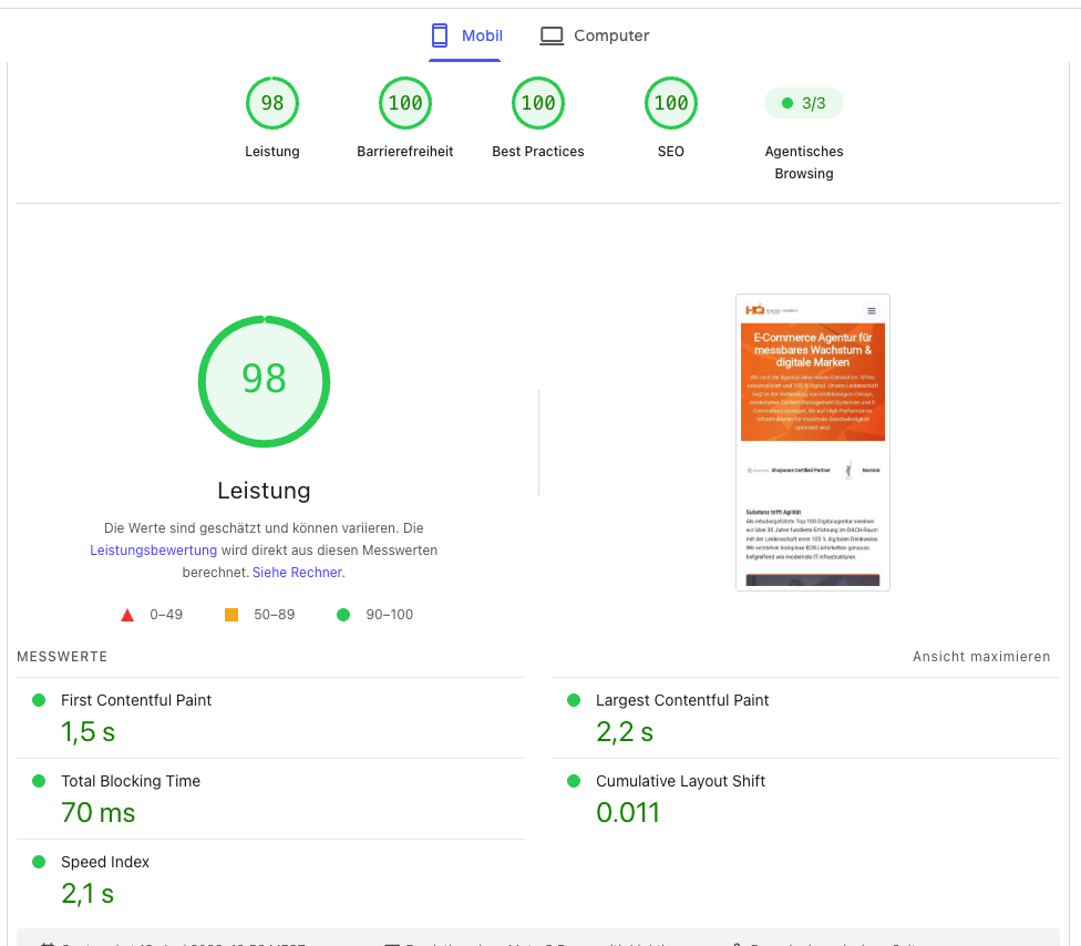 Shopware 6 Core Web Vitals Optimierung: Exzellenter 98/100 Mobile PageSpeed Score mit grünem LCP und CLS